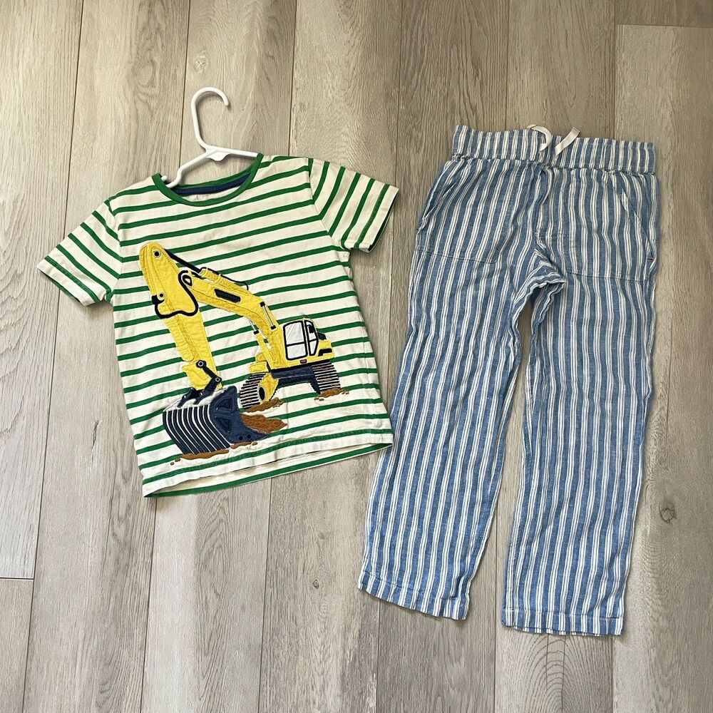 Mini Boden Outfit bulldozer striped tshirt linen pants boys (size 4-5, 5-6y)